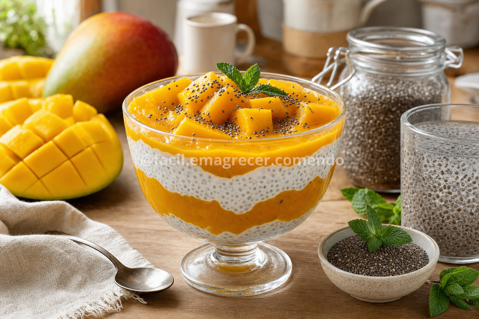 Sobremesa de manga com chia em taça de vidro