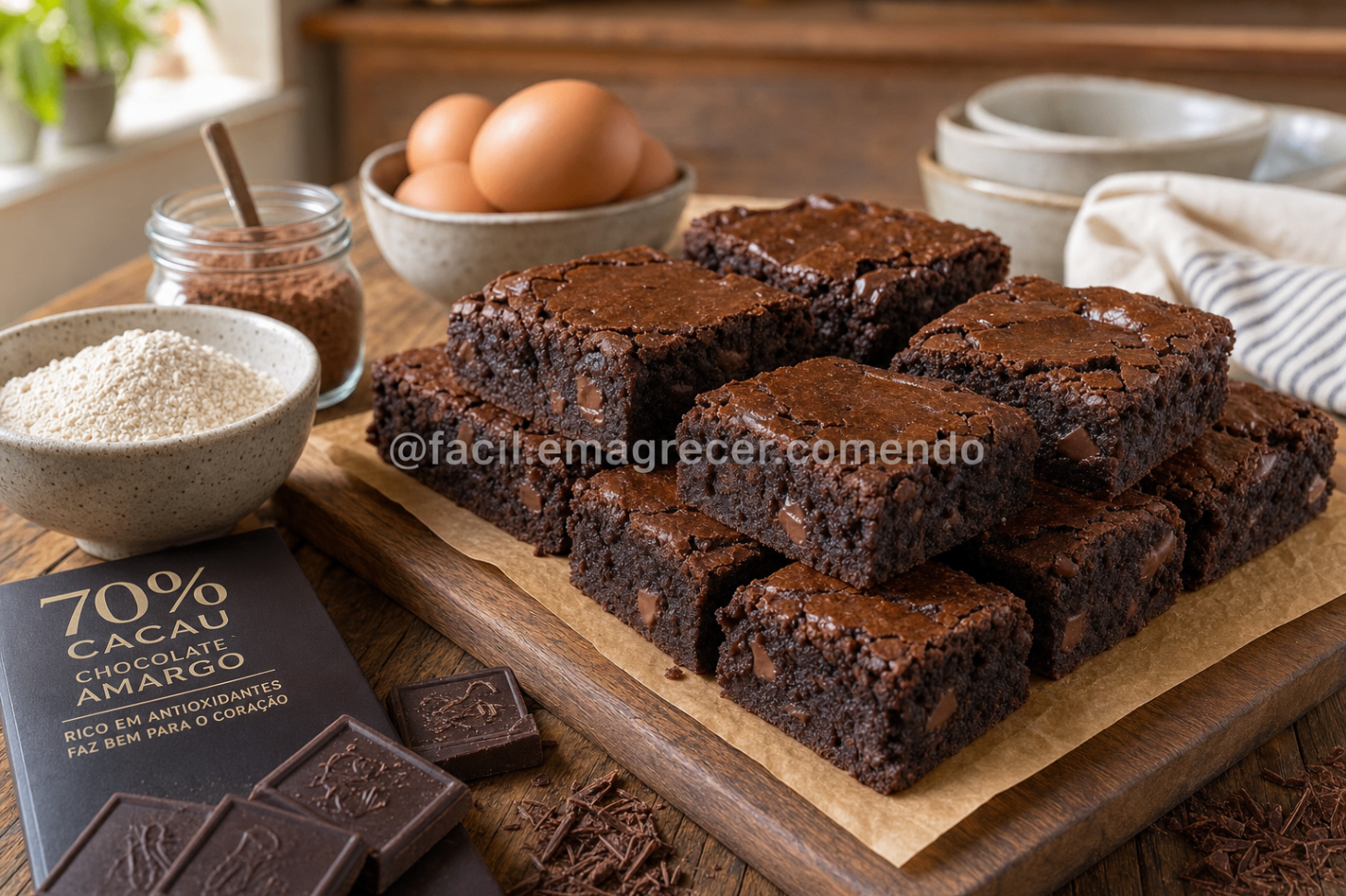 Brownies de cacau sobre tábua de madeira