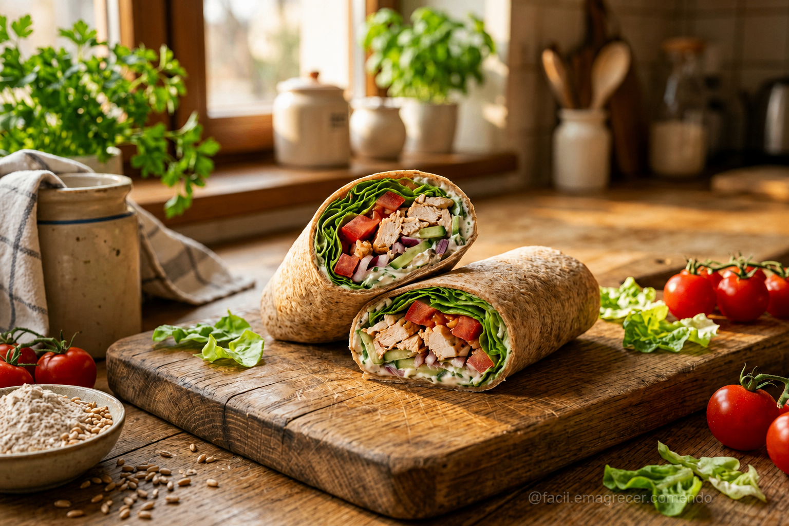 Wrap integral recheado com frango e vegetais