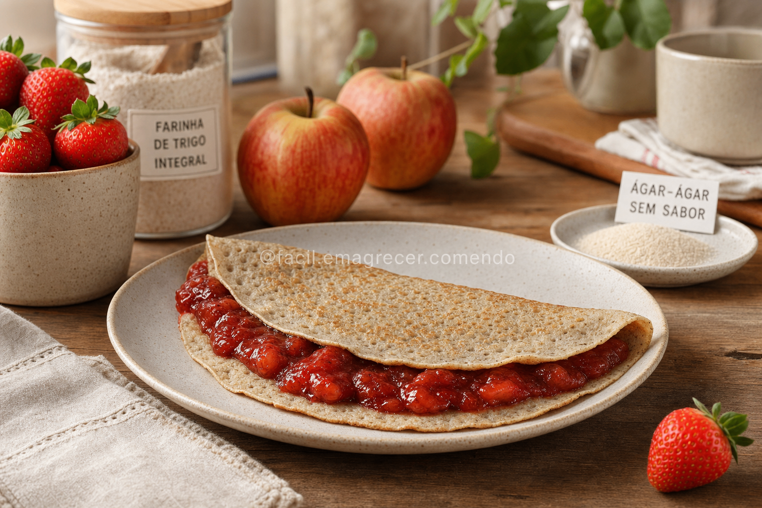 Crepe com geleia de morango servido em prato claro